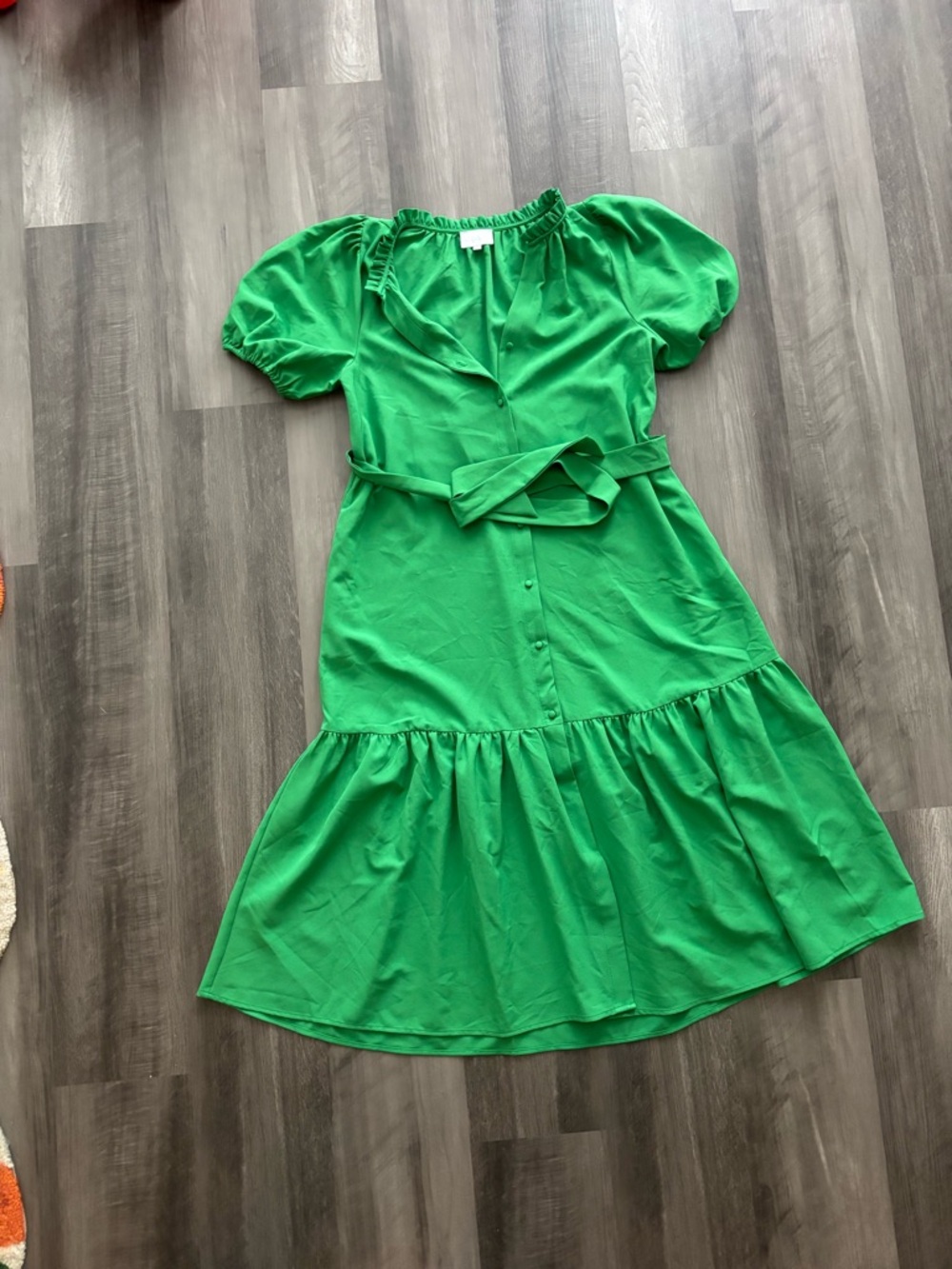 Sugarlips Bright Green Puff-Sleeve Midi Dress with Waist Tie
